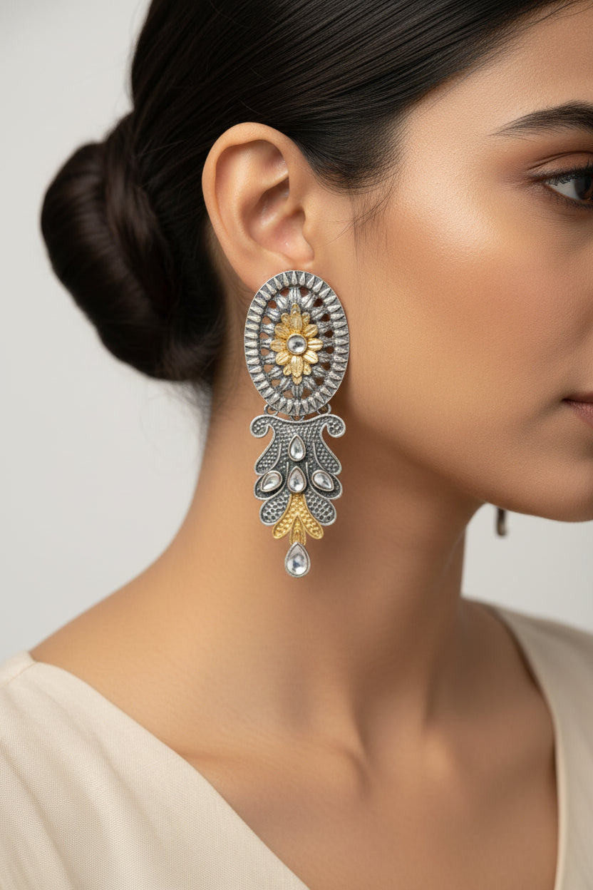 DwiVarna- Silver Brass Oxidised dangler earrings
