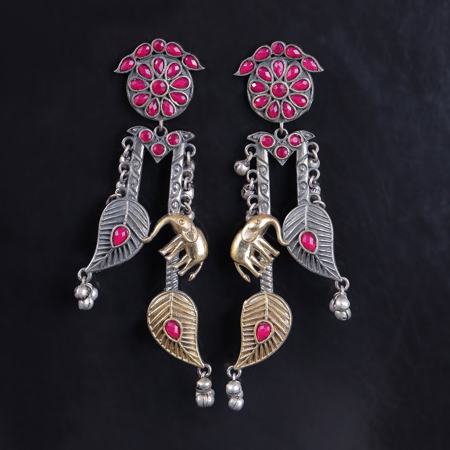 Yugalika- Silver Brass Oxidised dangler earrings(Red)
