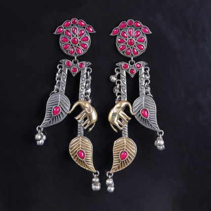 Yugalika- Silver Brass Oxidised dangler earrings(Red)