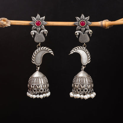 MorPushp- Silver Brass Oxidised Jhumka earrings