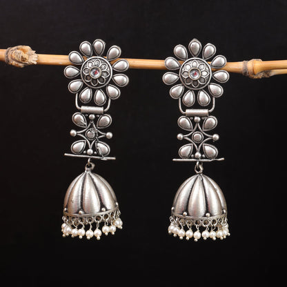 RajRatna- Silver Brass Oxidised Jhumka earrings