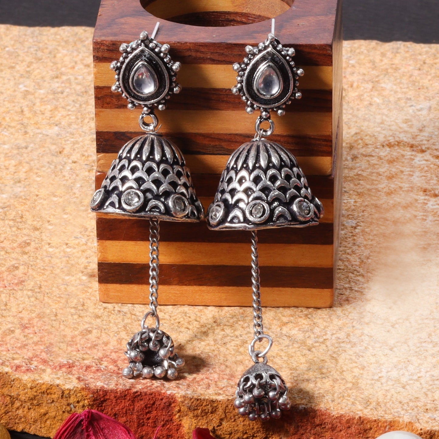 Antara- Kundan Studded Oxidised Jhumka Earrings