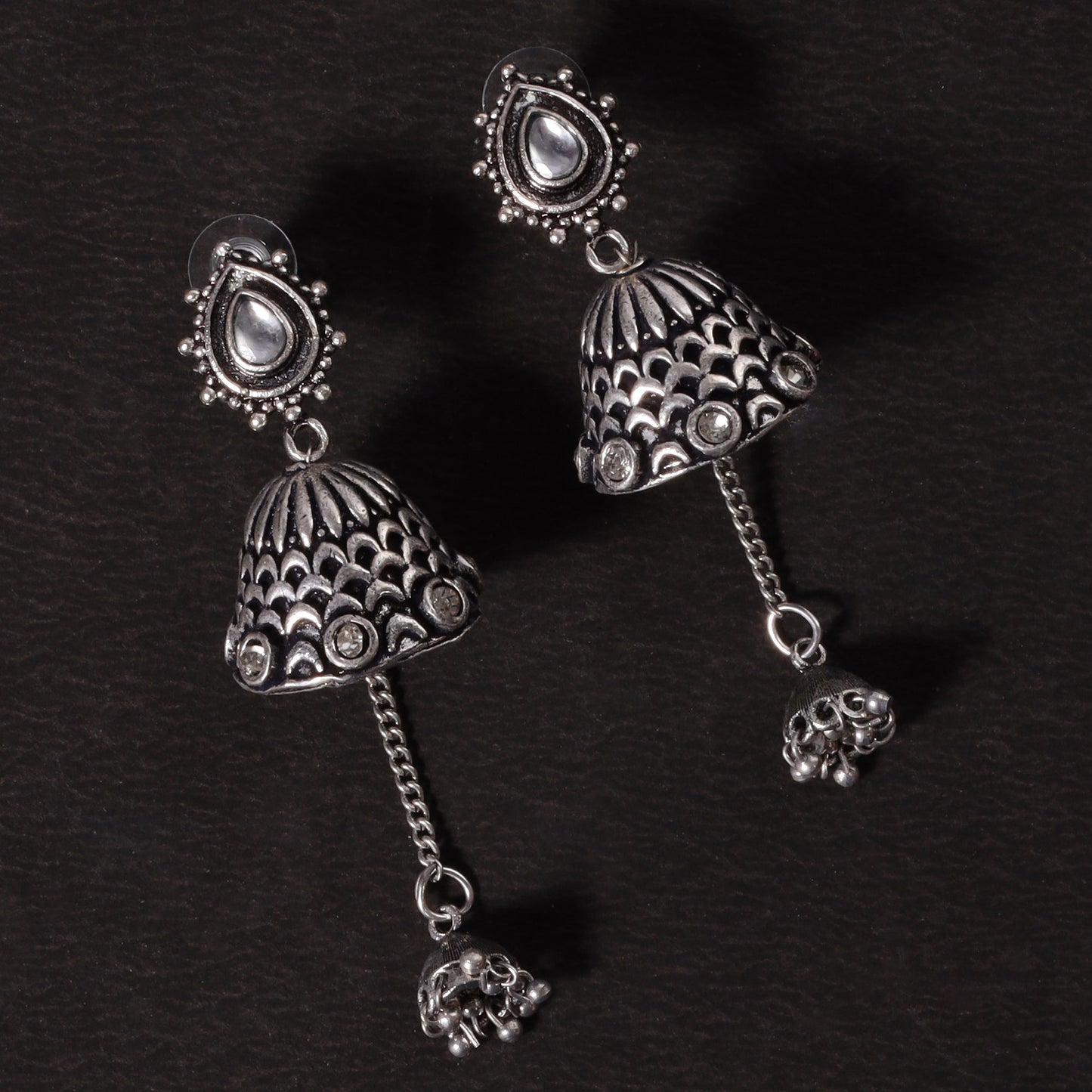 Antara- Kundan Studded Oxidised Jhumka Earrings