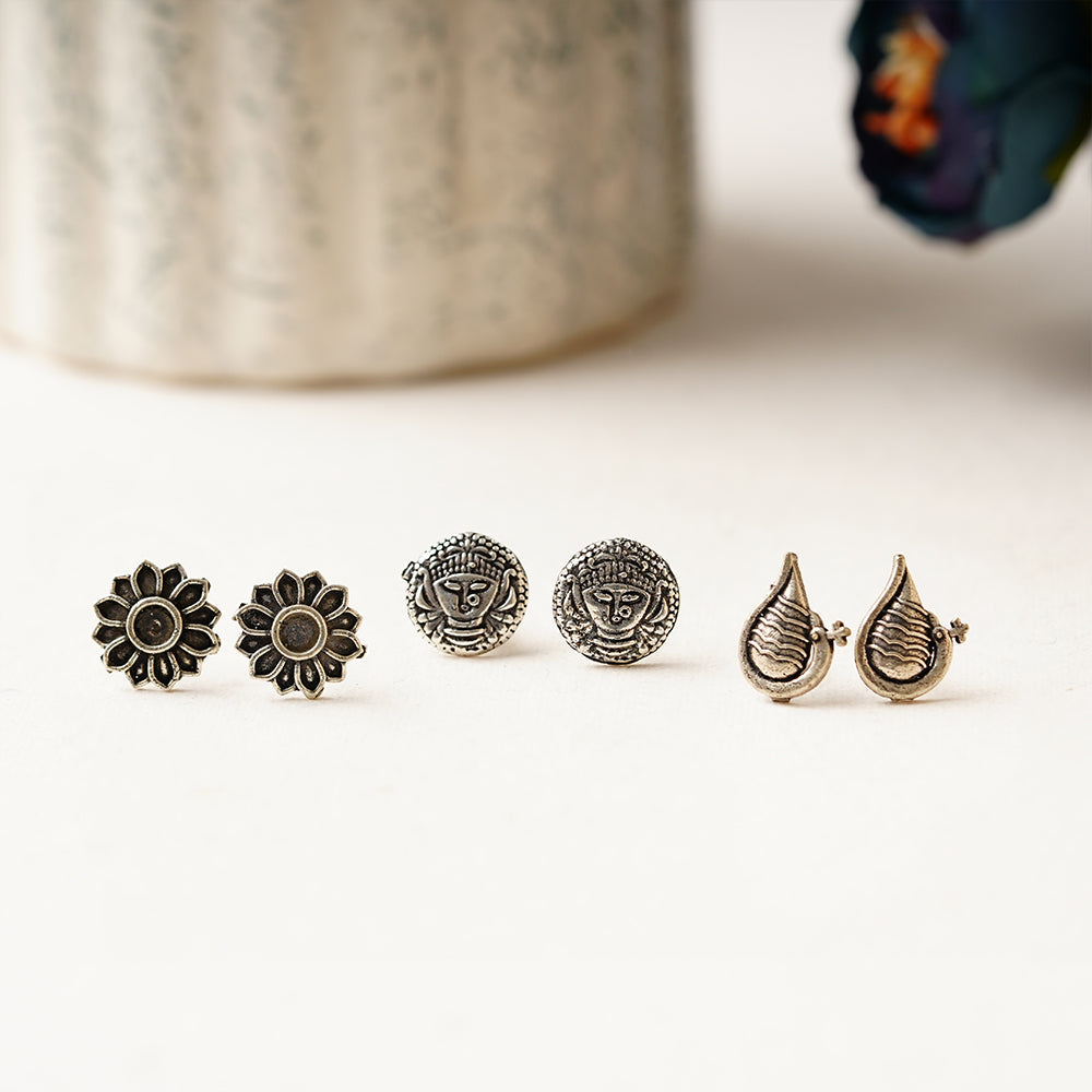 Saathiya- Combo of Silver Brass Oxidised stud Earrings