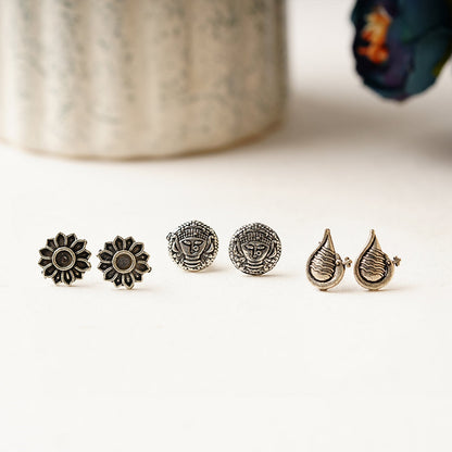 Saathiya- Combo of Silver Brass Oxidised stud Earrings