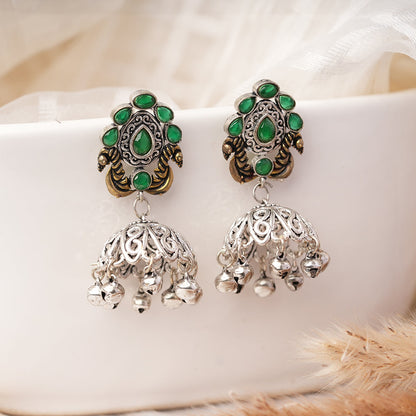 Kusumeyura- Silver Brass Stone-Studded Jhumka Earrings(Green)