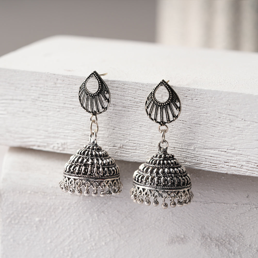 Noorani – Silver Brass Oxidised Jhumka Earrings