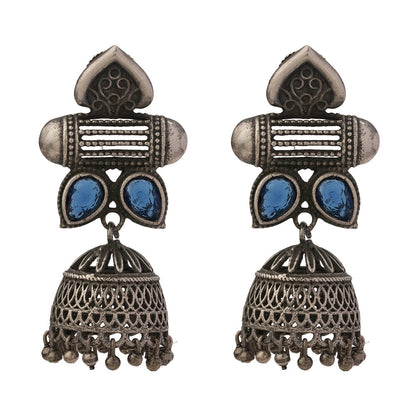 Taal- Silver Brass Oxidised jhumka earrings(Blue)