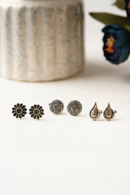 Saathiya- Combo of Silver Brass Oxidised stud Earrings