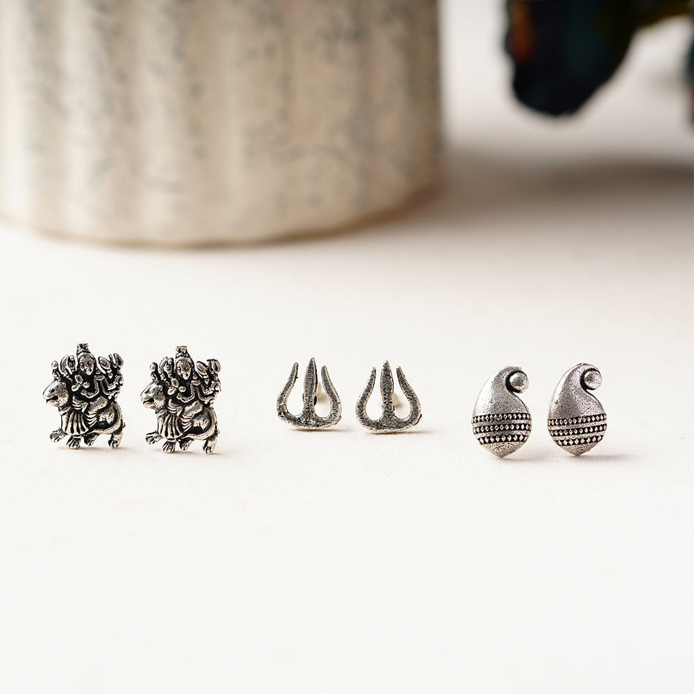 Triveni- Combo of Silver Brass Oxidised stud Earrings