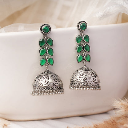 Shyamika- Silver Brass Oxidised Jhumka Earrings(Green)