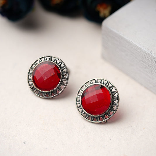 Manikya- Silver Brass Stone-Studded Stud Earrings(Red)