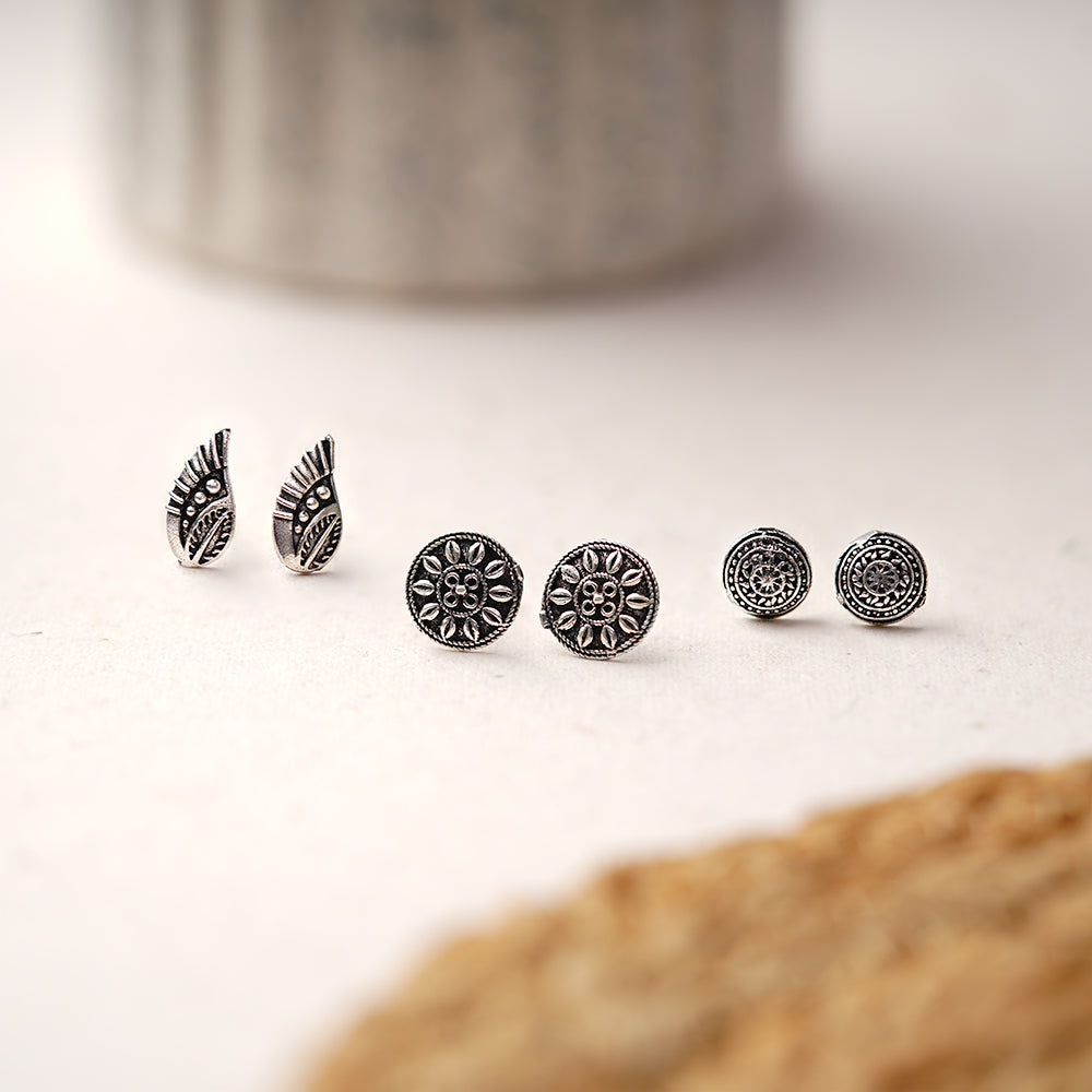 Teen Tara- Combo of Silver Brass Oxidied stud Earrings