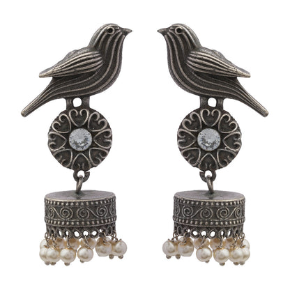 Chakori- Silver Brass Oxidised Jhumka Earrings(White)
