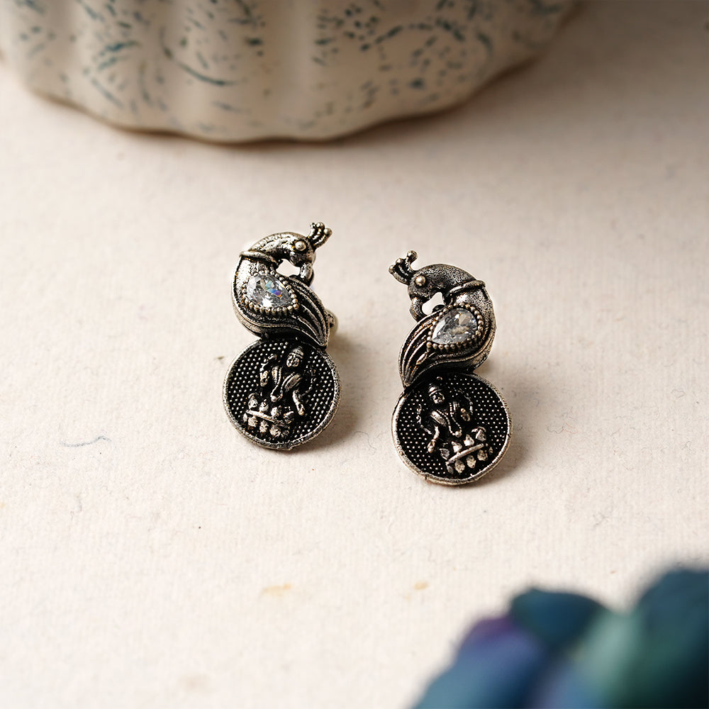 MayurShree- Silver Oxidised Motif Peacock Brass Stud Earrings