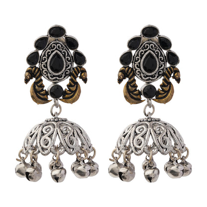 Kusumeyura- Silver Brass Stone-Studded Jhumka Earrings(Black)