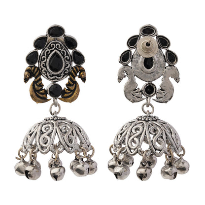 Kusumeyura- Silver Brass Stone-Studded Jhumka Earrings(Black)