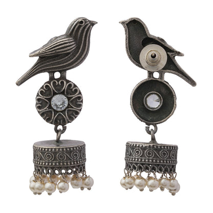 Chakori- Silver Brass Oxidised Jhumka Earrings(White)