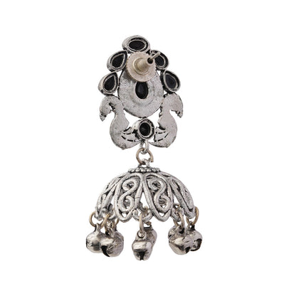 Kusumeyura- Silver Brass Stone-Studded Jhumka Earrings(Black)