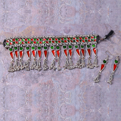 Triveni- Brass Meenakari Choker Neckpiece set