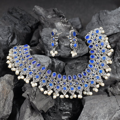 Tarangini- Stone-Studded German Silver Neckpiece set(Blue)