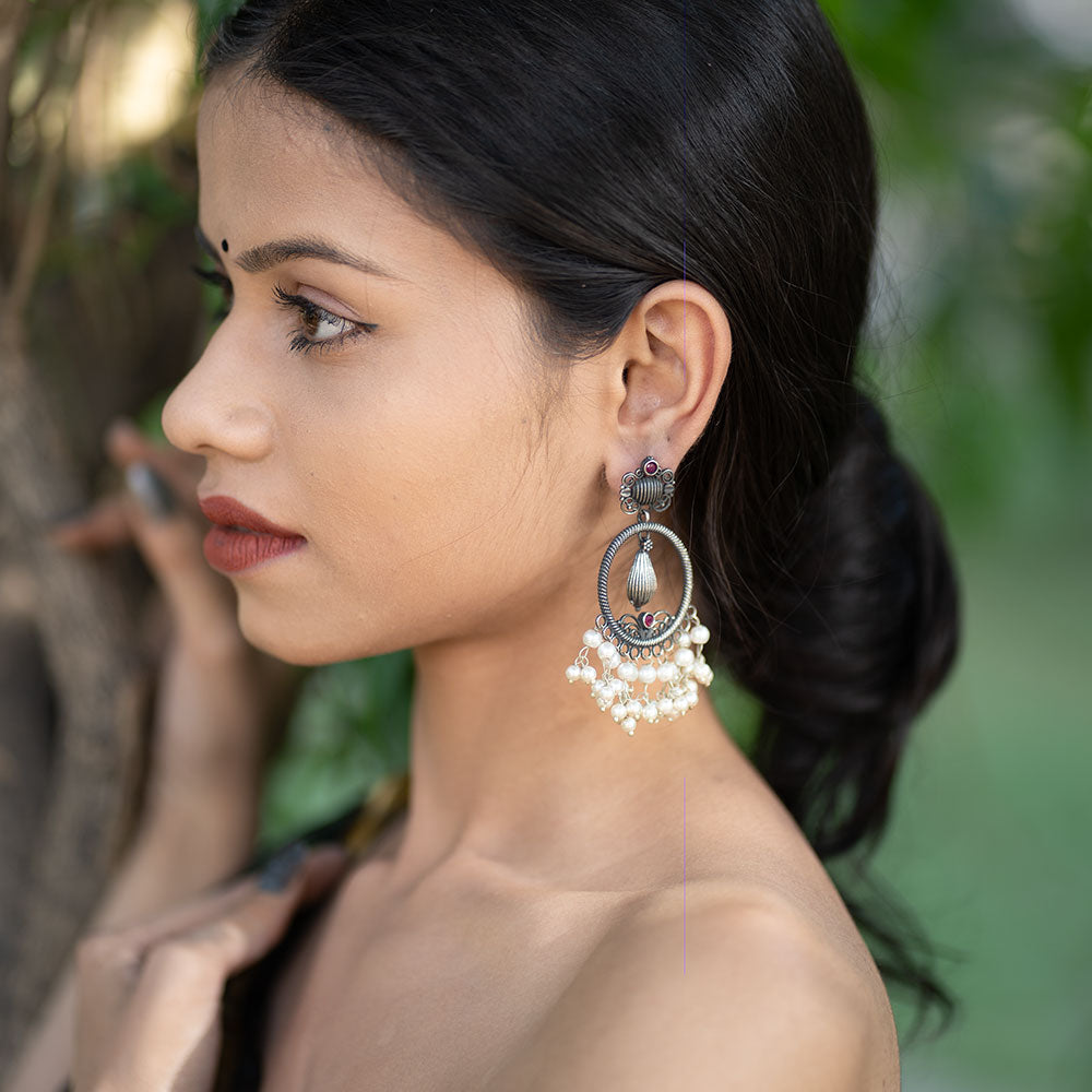 Ghoomar- Silver Brass Pearl dangler earrings(Red)