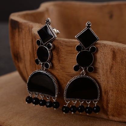 Aakar- Silver Brass stone studded dangler earrungs (Black)