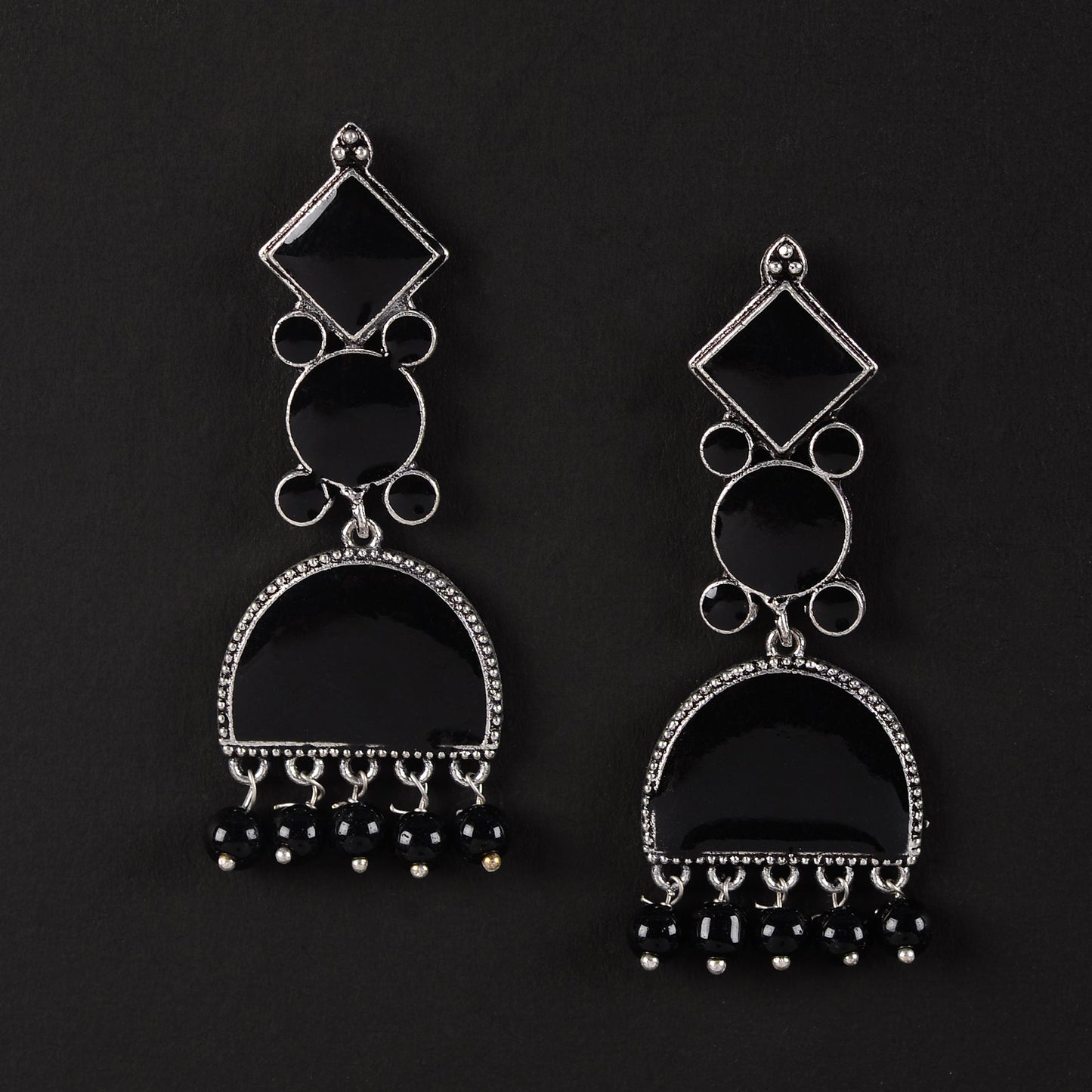 Aakar- Silver Brass stone studded dangler earrungs (Black)
