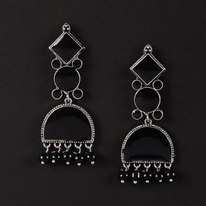 Aakar- Silver Brass stone studded dangler earrungs (Black)