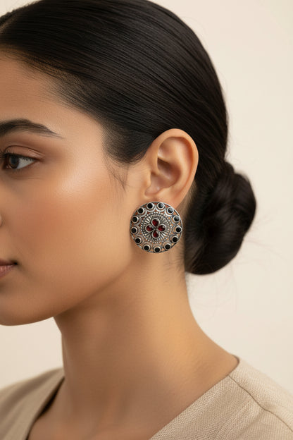 Gulab- Silver Brass Stone-Studded Stud Earrings