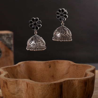 Tamira- Silver Brass Oxidised Jhumka Earrings(Black)
