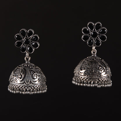 Tamira- Silver Brass Oxidised Jhumka Earrings(Black)