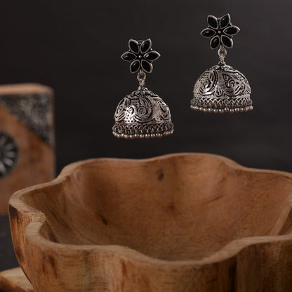 Padmika- Silver Brass Stone-Studded Jhumka Earrings(Black)