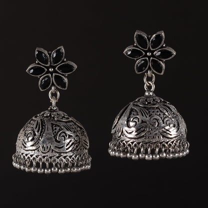 Padmika- Silver Brass Stone-Studded Jhumka Earrings(Black)