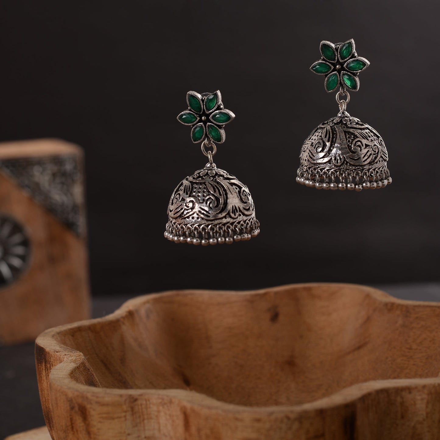 Padmika- Silver Brass Stone-Studded Jhumka Earrings(Black)