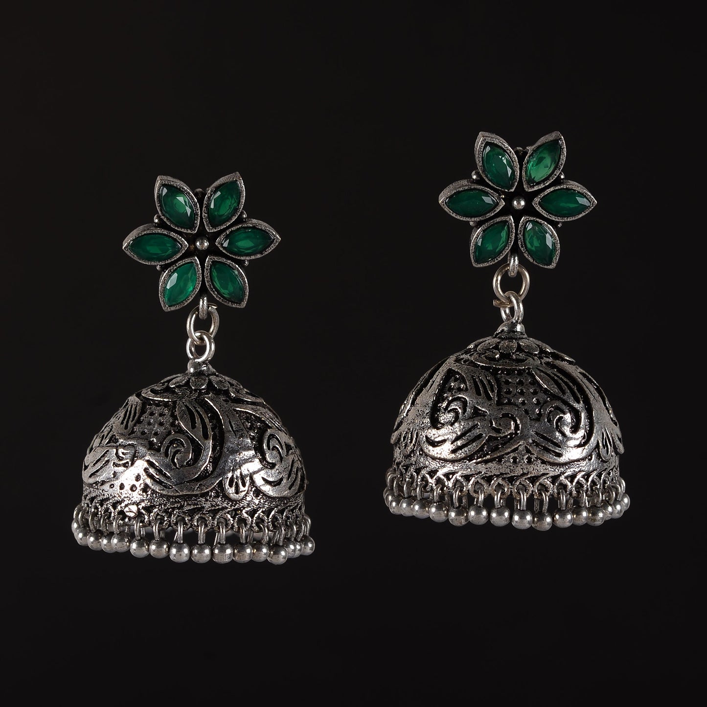 Padmika- Silver Brass Stone-Studded Jhumka Earrings(Black)