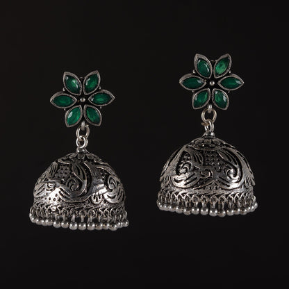 Padmika- Silver Brass Stone-Studded Jhumka Earrings(Black)