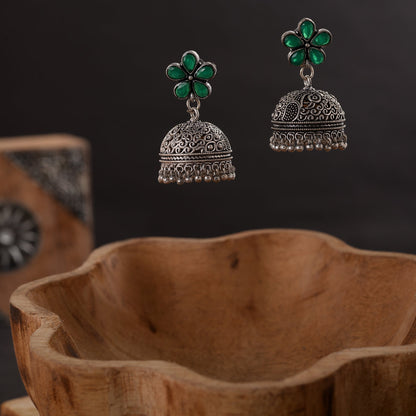 Champika- Silver Brass Stone-Studded Jhumka Earrings(Green)