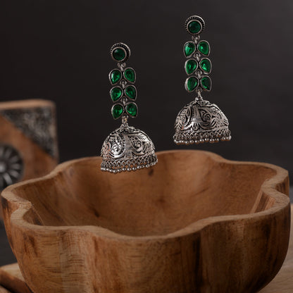 Shyamika- Silver Brass Oxidised Jhumka Earrings(Green)