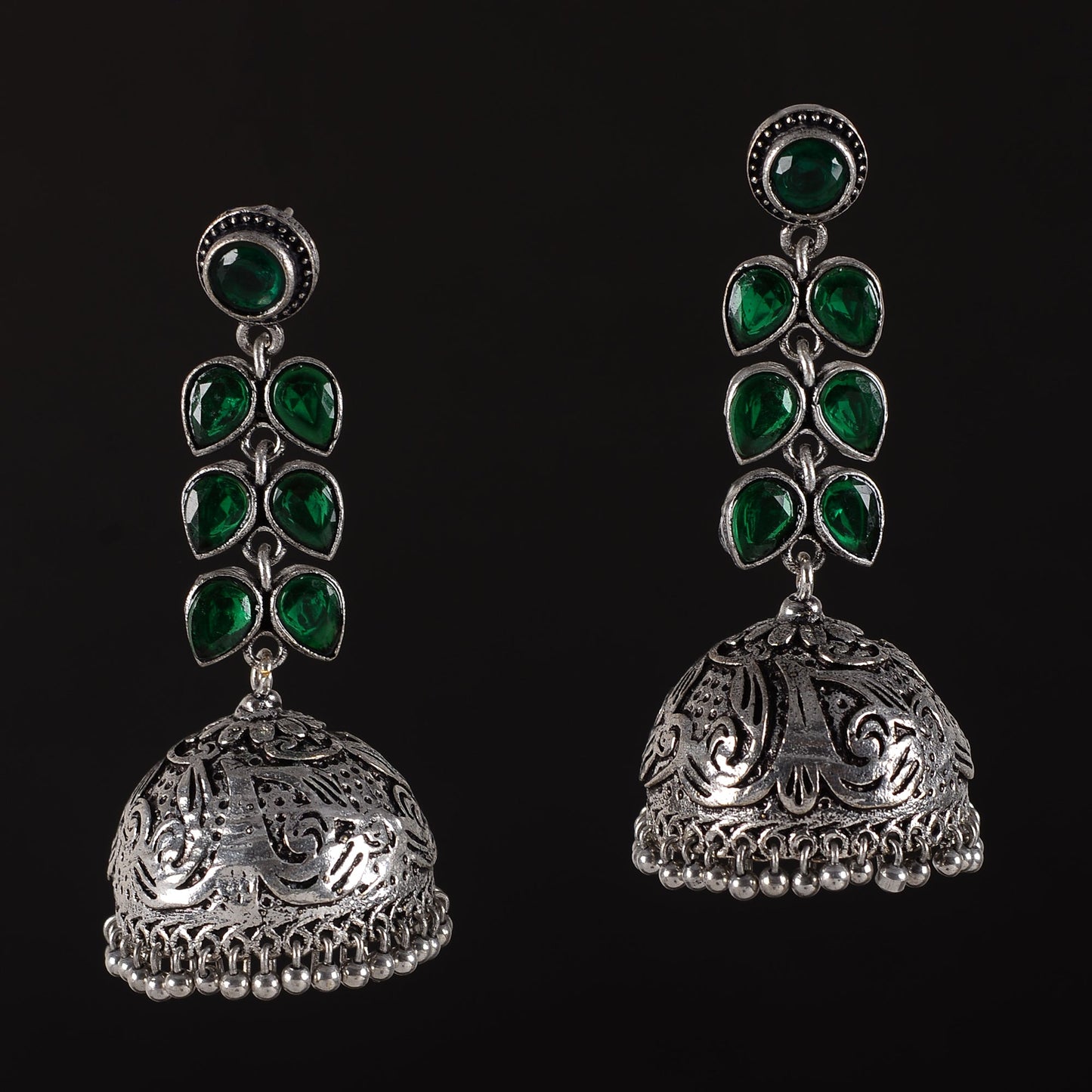 Shyamika- Silver Brass Oxidised Jhumka Earrings(Green)