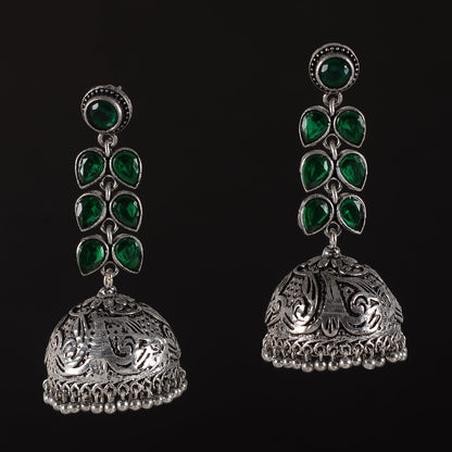 Shyamika- Silver Brass Oxidised Jhumka Earrings(Green)