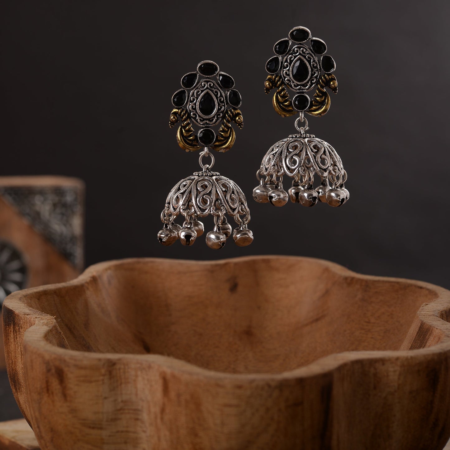 Kusumeyura- Silver Brass Stone-Studded Jhumka Earrings(Black)