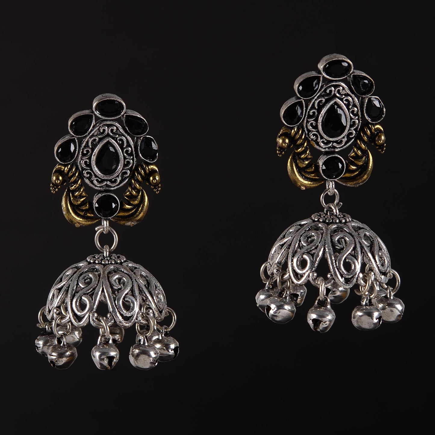 Kusumeyura- Silver Brass Stone-Studded Jhumka Earrings(Black)
