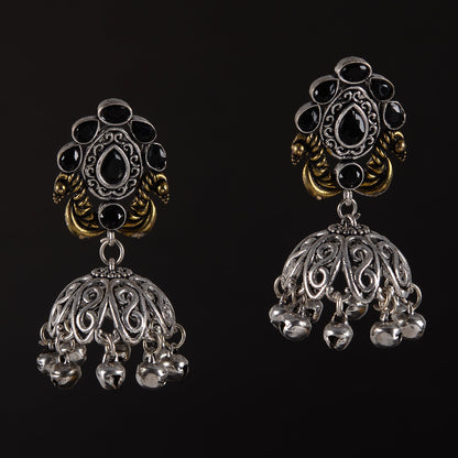 Kusumeyura- Silver Brass Stone-Studded Jhumka Earrings(Black)