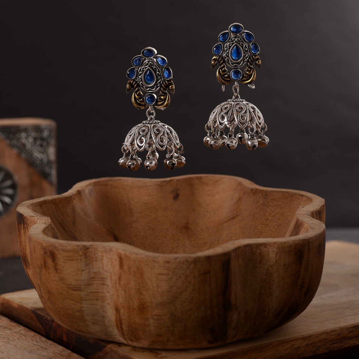 Kusumeyura- Silver Brass Stone Studded Jhumka Earrings(Blue)