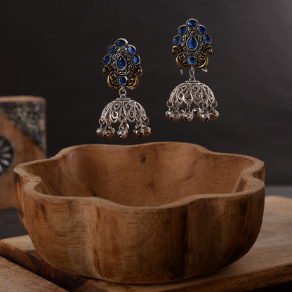 Kusumeyura- Silver Brass Stone Studded Jhumka Earrings(Blue)