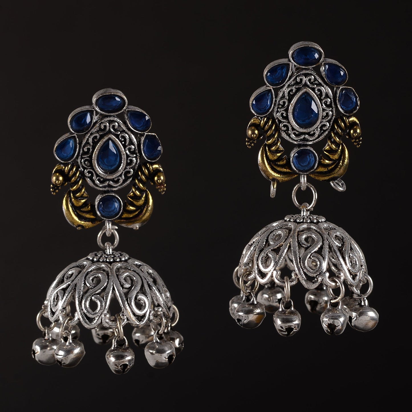 Kusumeyura- Silver Brass Stone Studded Jhumka Earrings(Blue)