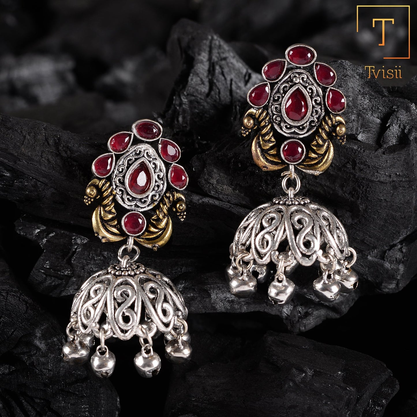 Kusumeyura- Silver Brass Stone-Studded Jhumka Earrings(Red)