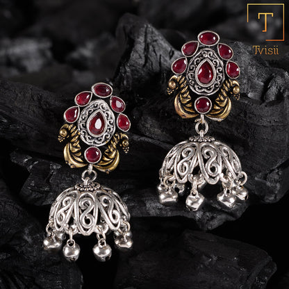 Kusumeyura- Silver Brass Stone-Studded Jhumka Earrings(Red)