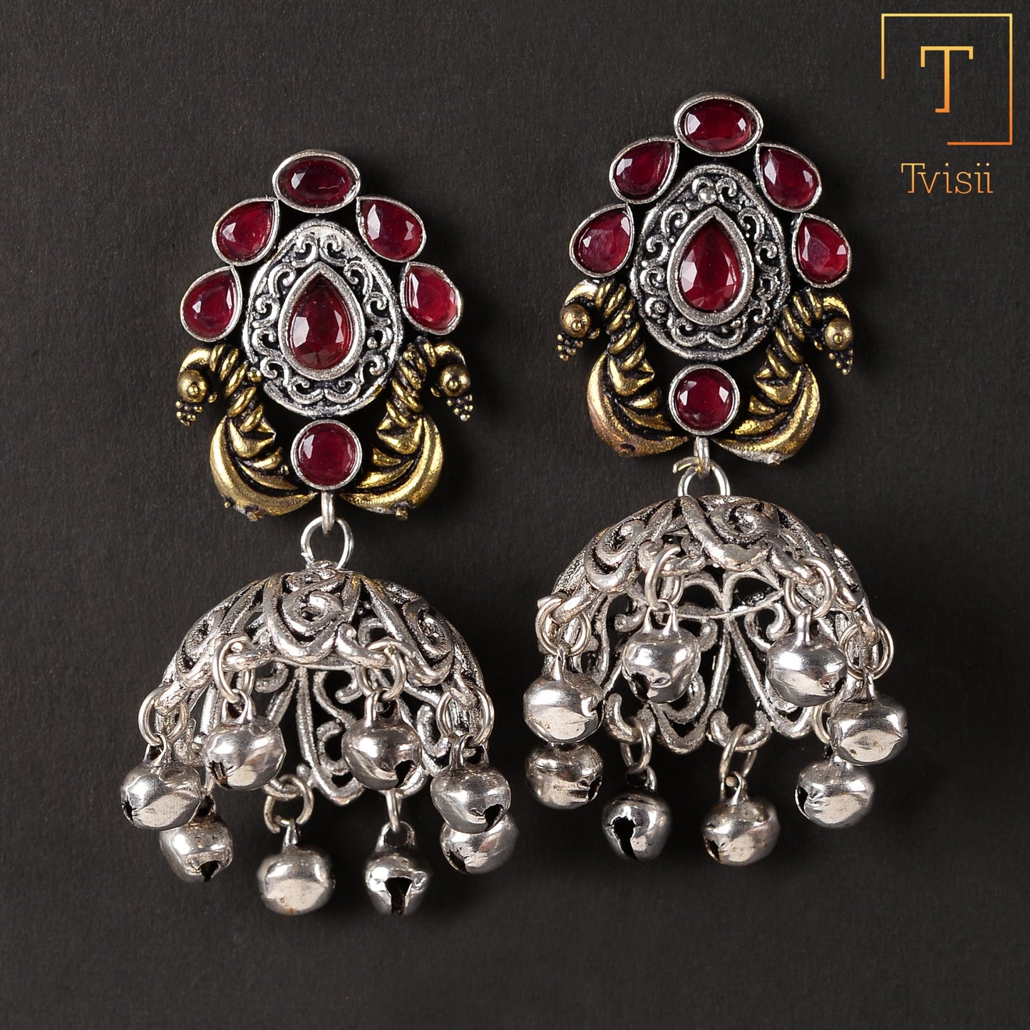 Kusumeyura- Silver Brass Stone-Studded Jhumka Earrings(Red)